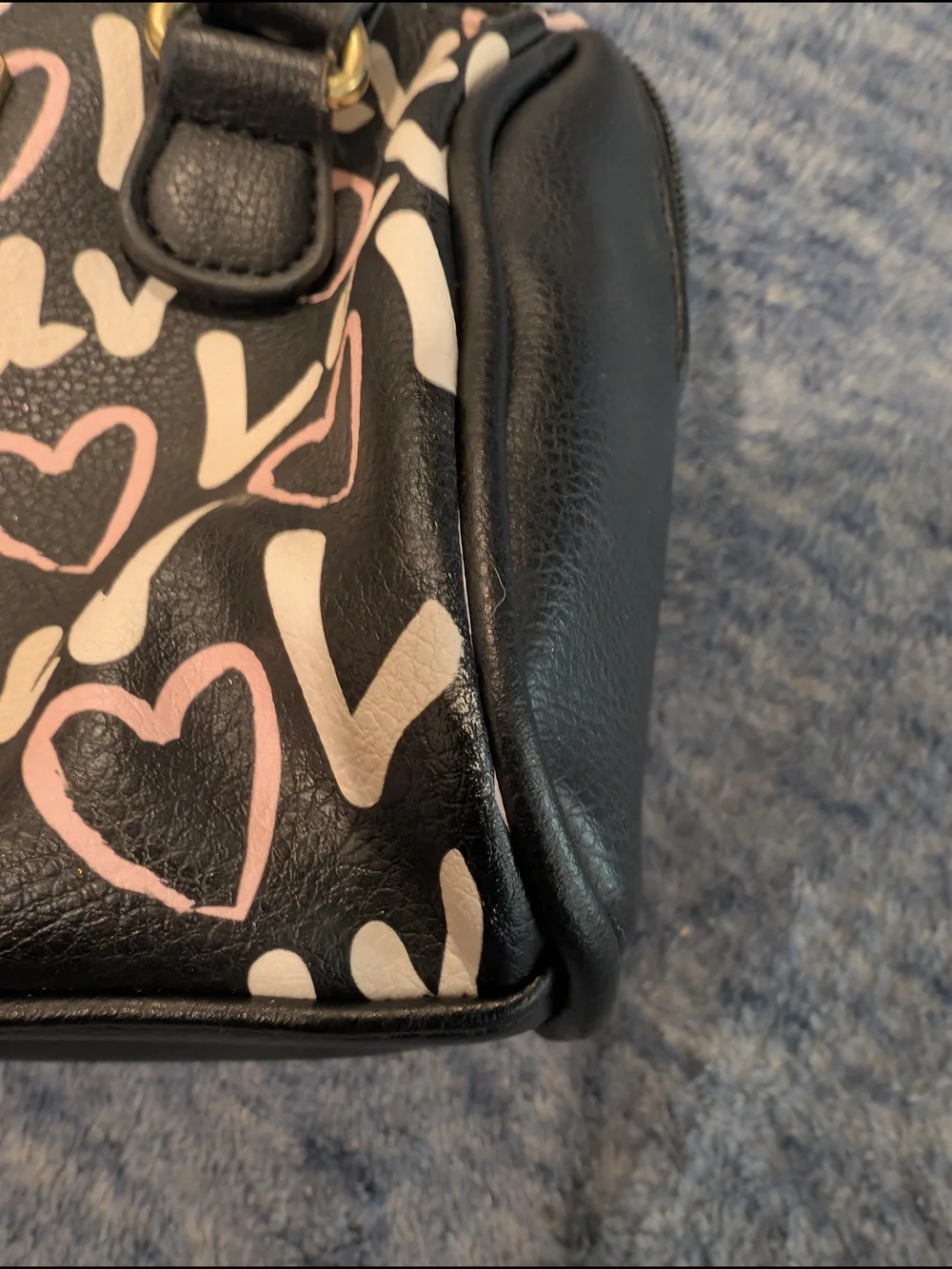 Betsey Johnson Black Cosmetic Bag with Pink and Cream Heart Luv Print